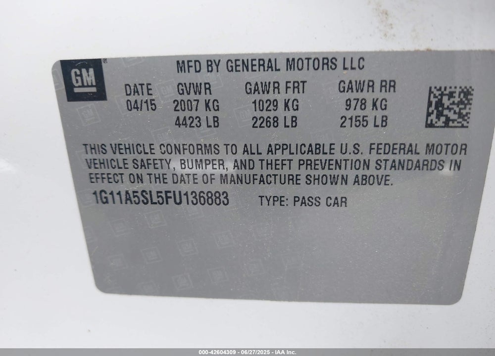 2015 CHEVROLET MALIBU VIN: 1G11A5SL5FU136883