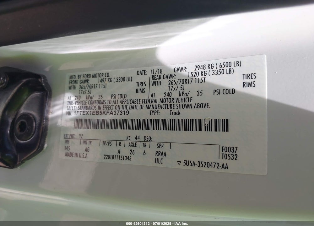 2019 FORD F-150 VIN: 1FTEX1EB5KFA37319