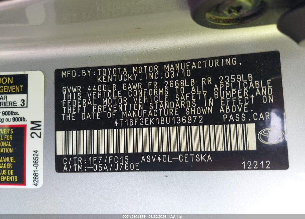 2011 TOYOTA CAMRY SE VIN: 4T1BF3EK1BU136972