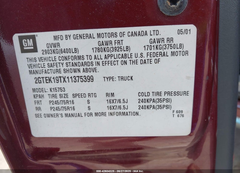 2001 GMC SIERRA 1500 SLE VIN: 2GTEK19TX11375399