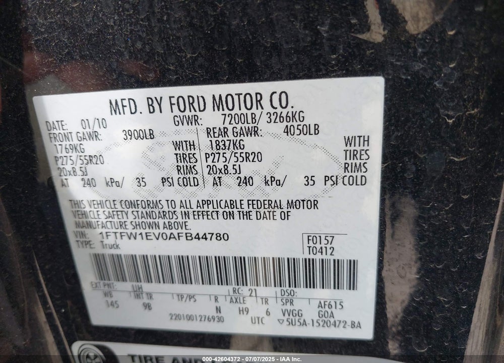 2010 FORD F-150 VIN: 1FTFW1EV0AFB44780