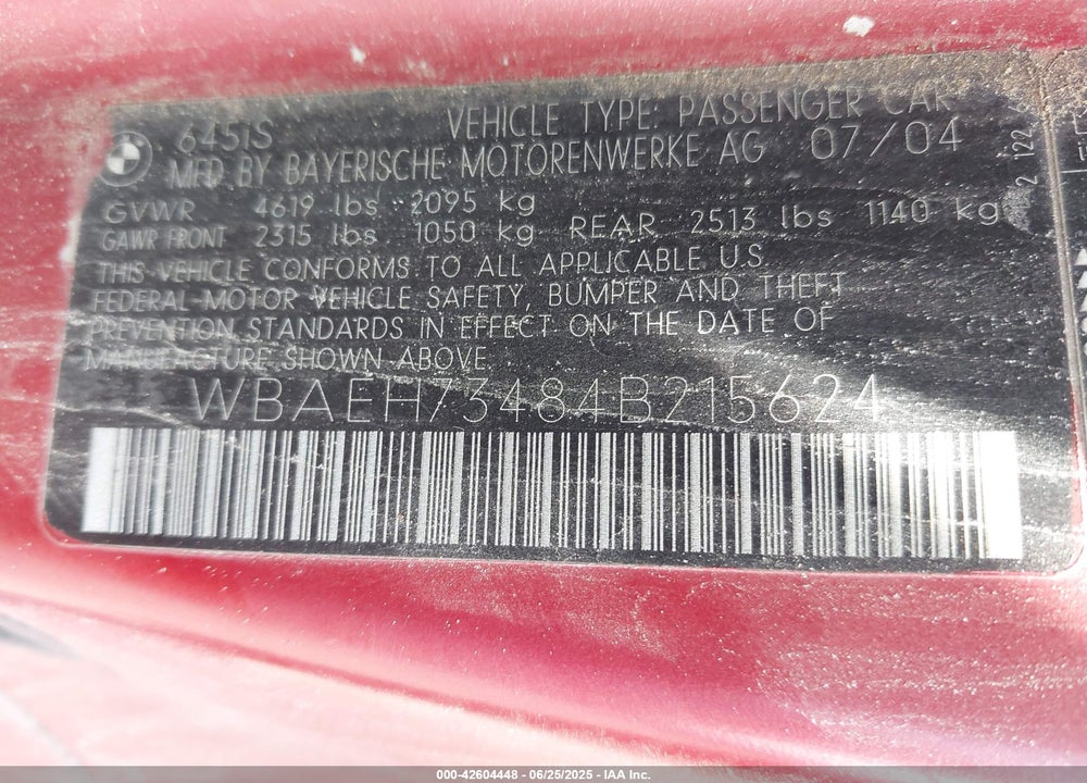 2004 BMW 645CI VIN: WBAEH73484B215624