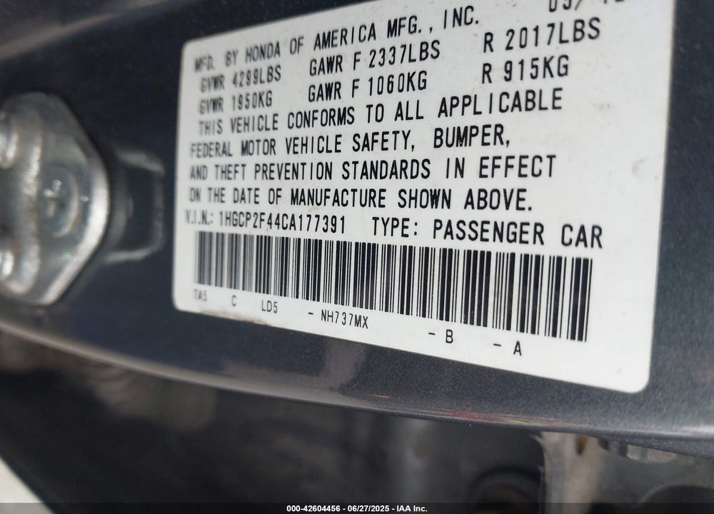 2012 HONDA ACCORD 2.4 LX-P VIN: 1HGCP2F44CA177391