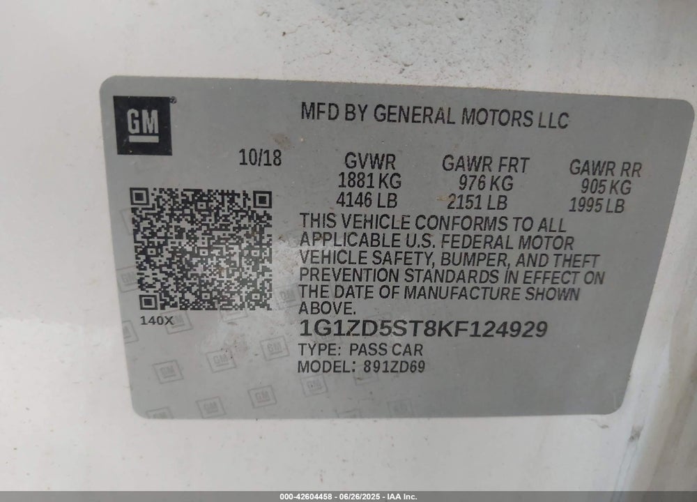 2019 CHEVROLET MALIBU VIN: 1G1ZD5ST8KF124929
