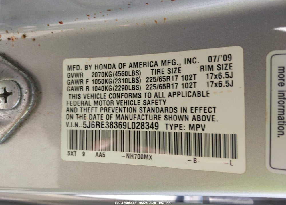 2009 HONDA CR-V VIN: 5J6RE38369L028349