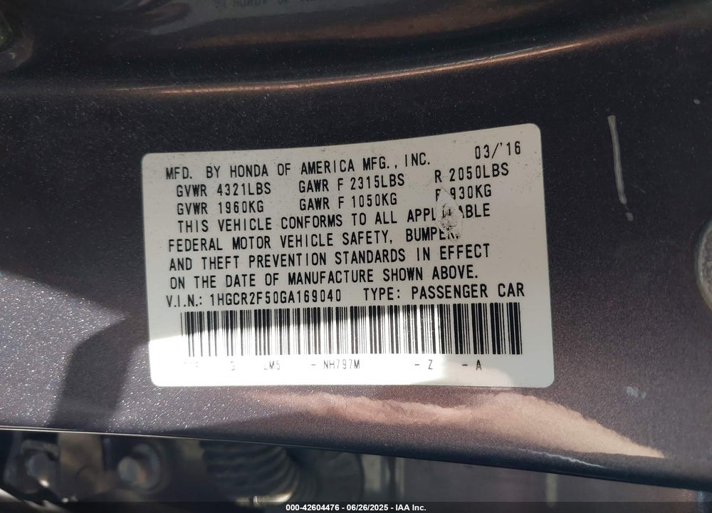 2016 HONDA ACCORD VIN: 1HGCR2F50GA169040
