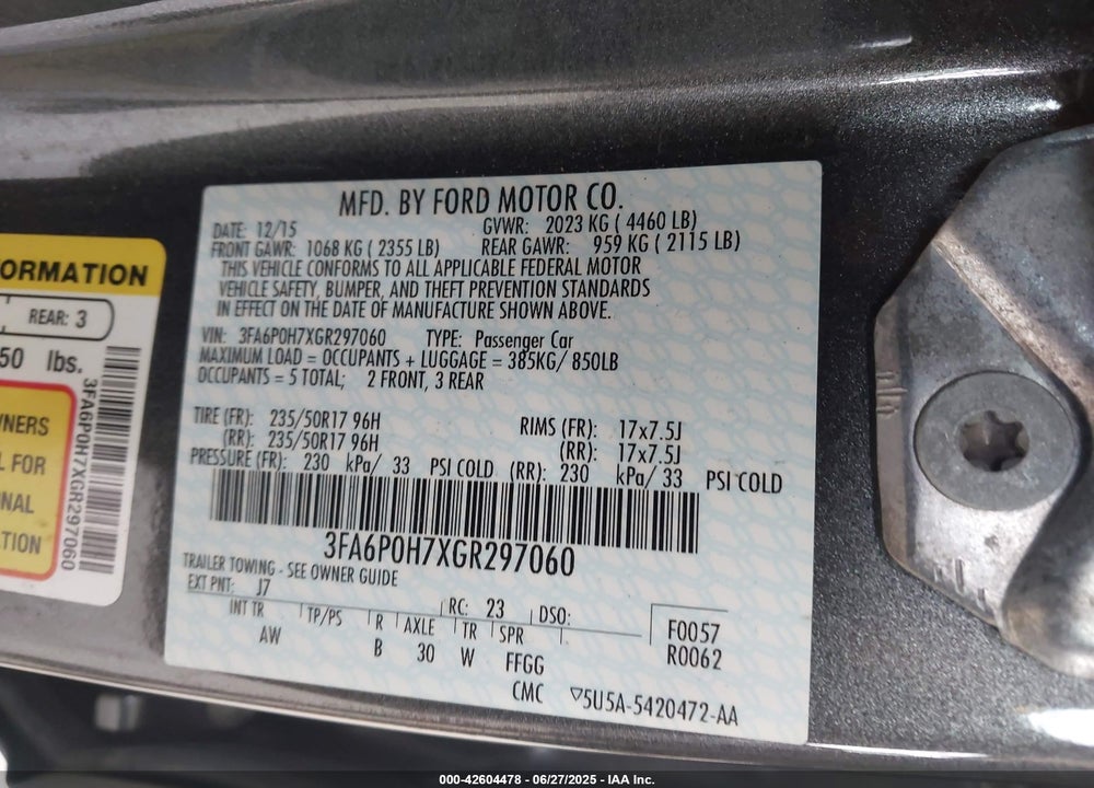 2016 FORD FUSION VIN: 3FA6P0H7XGR297060