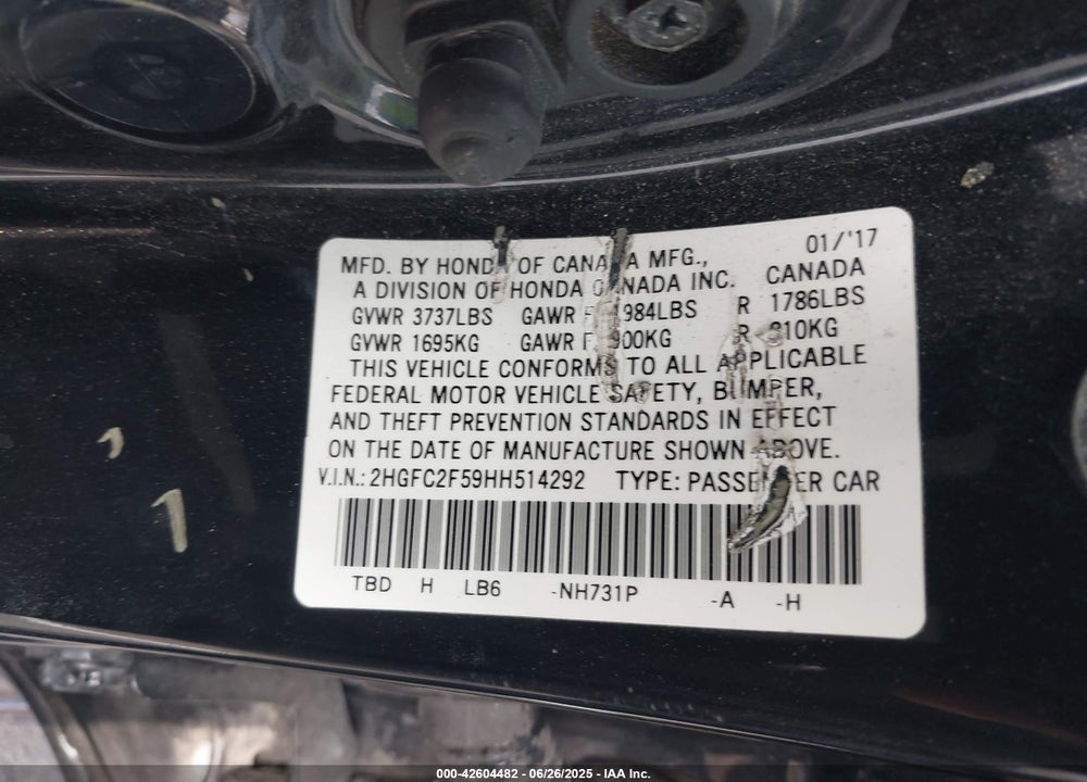2017 HONDA CIVIC LX VIN: 2HGFC2F59HH514292