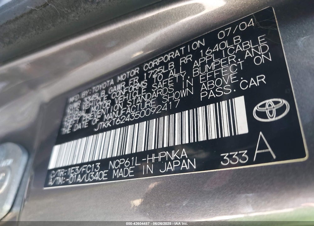2005 SCION XA VIN: JTKKT624350092417