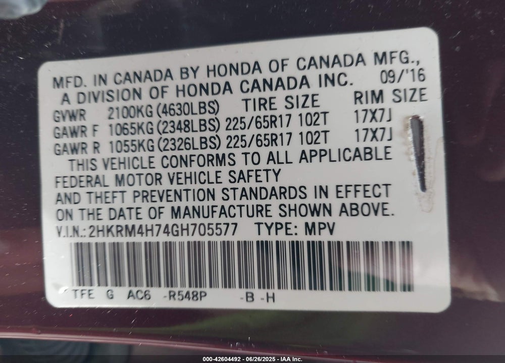 2016 HONDA CR-V VIN: 2HKRM4H74GH705577