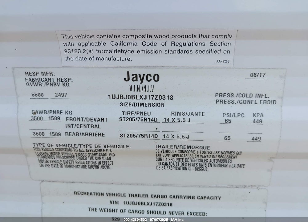 2018 JAYCO TRAVEL TRLR VIN: 1UJBJ0BLXJ17Z0318