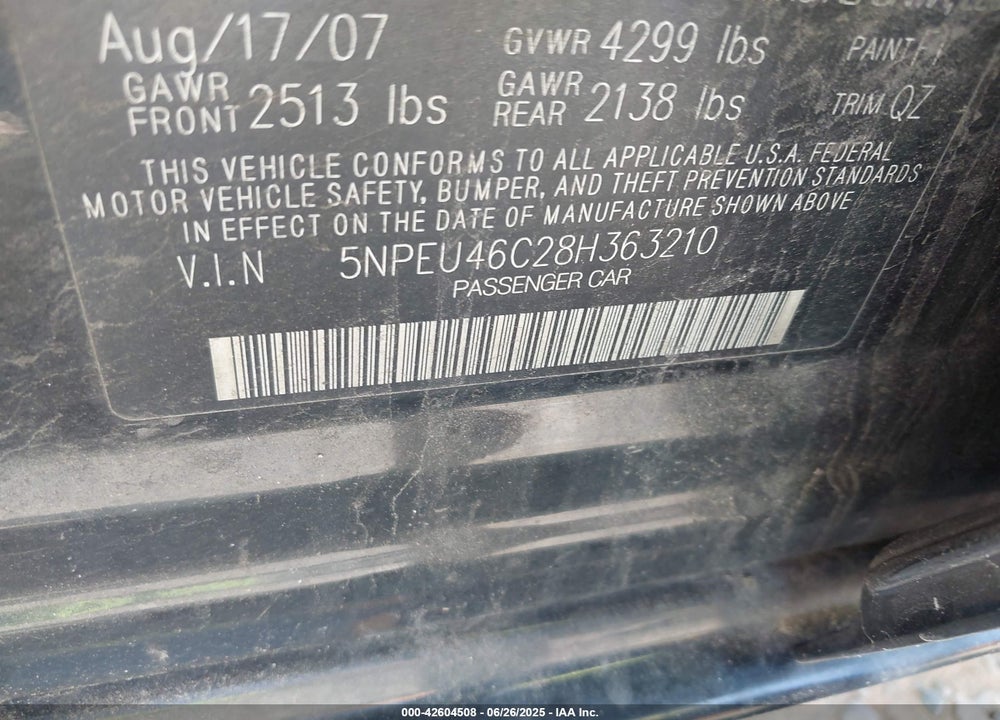 2008 HYUNDAI SONATA VIN: 5NPEU46C28H363210