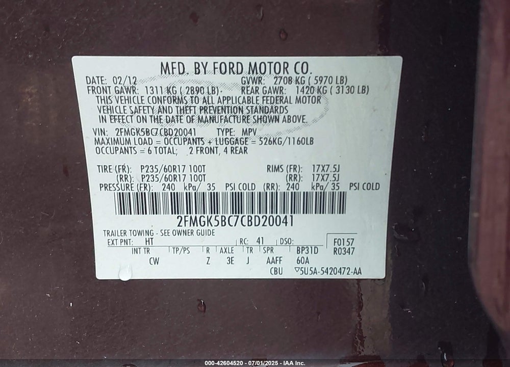 2012 FORD FLEX VIN: 2FMGK5BC7CBD20041