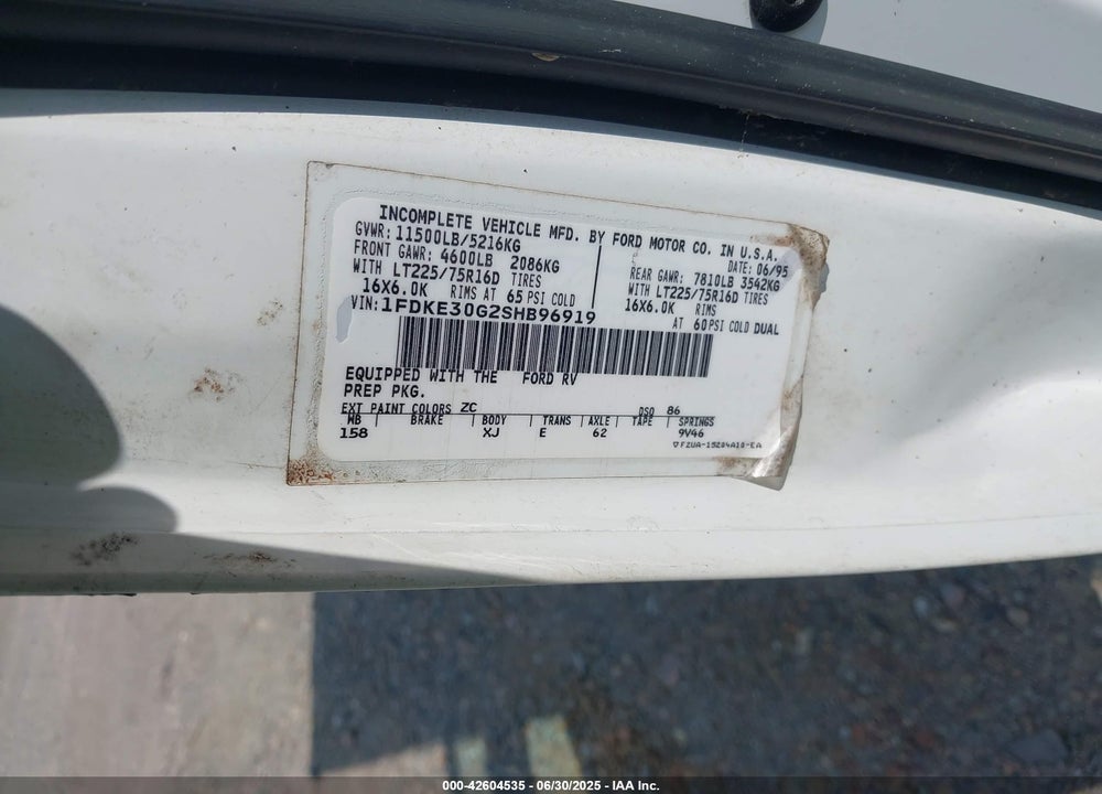 1995 FORD ECONOLINE E350 CUTAWAY VAN VIN: 1FDKE30G2SHB96919