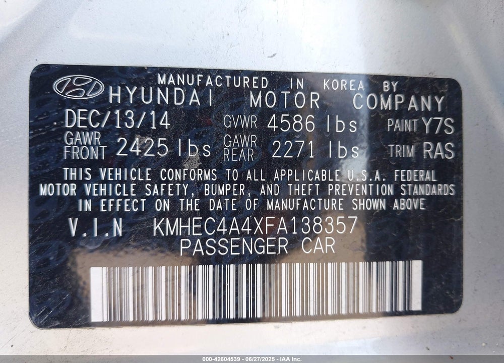 2015 HYUNDAI SONATA HYBRID VIN: KMHEC4A4XFA138357