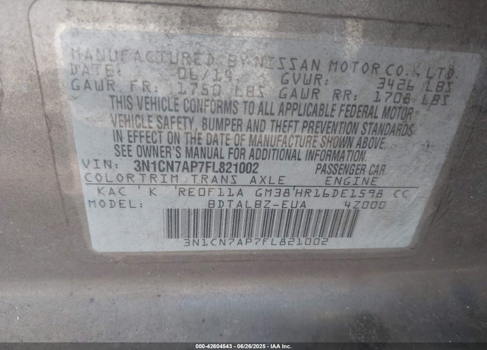 2015 NISSAN VERSA VIN: 3N1CN7AP7FL821002