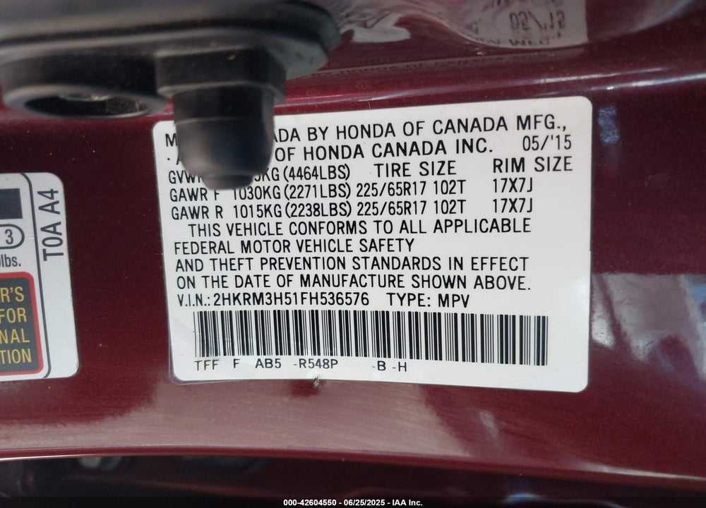 2015 HONDA CR-V EX VIN: 2HKRM3H51FH536576