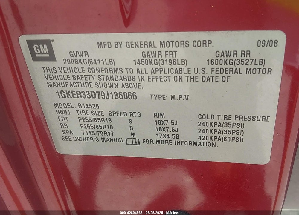 2009 GMC ACADIA VIN: 1GKER33D79J136066