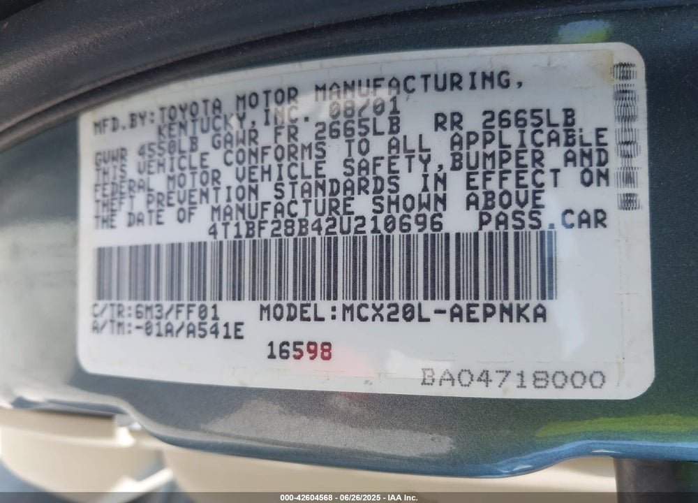 2002 TOYOTA AVALON XL VIN: 4T1BF28B42U210696