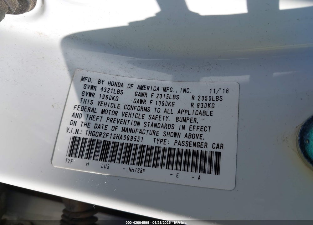 2017 HONDA ACCORD VIN: 1HGCR2F15HA099551