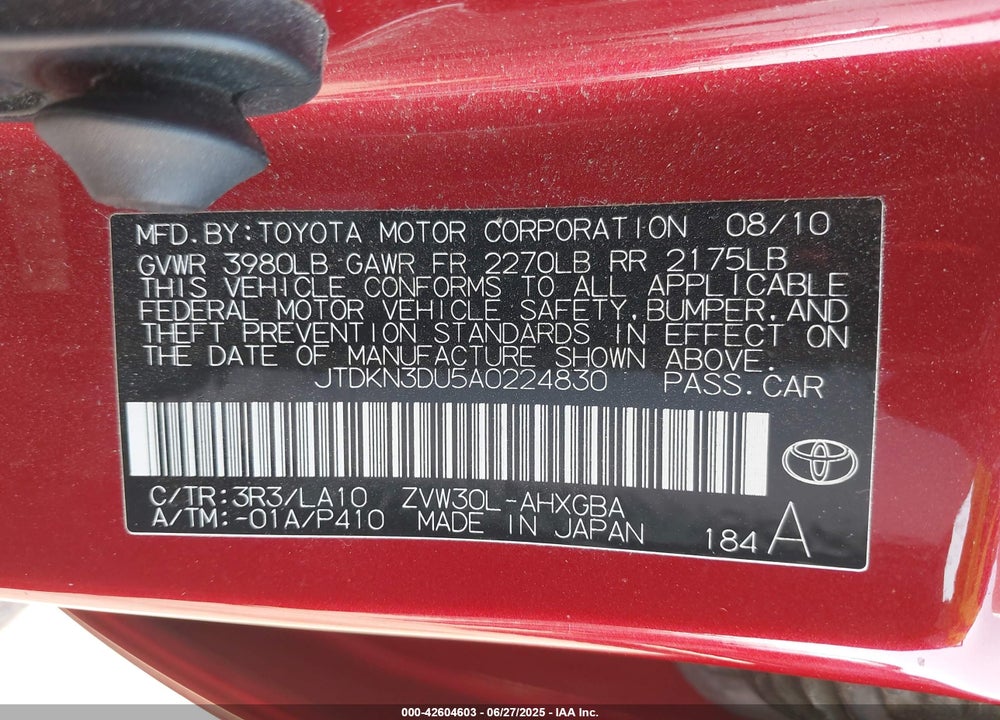 2010 TOYOTA PRIUS IV VIN: JTDKN3DU5A0224830