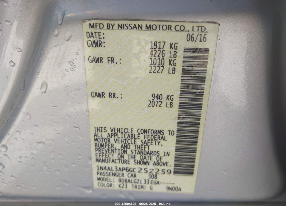 2016 NISSAN ALTIMA VIN: 1N4AL3AP6GC252259