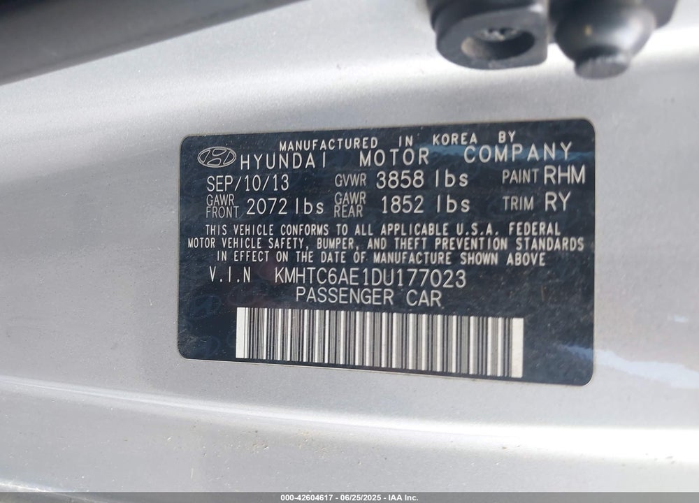 2013 HYUNDAI VELOSTER VIN: KMHTC6AE1DU177023