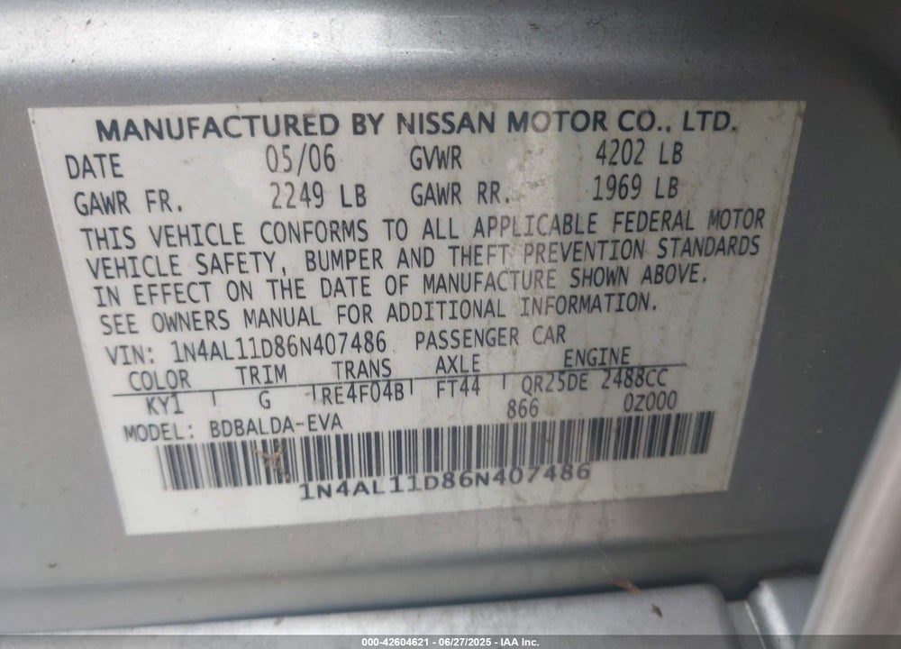 2006 NISSAN ALTIMA VIN: 1N4AL11D86N407486