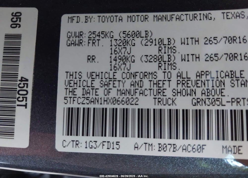 2017 TOYOTA TACOMA VIN: 5TFCZ5AN1HX066022