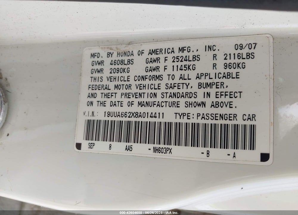 2008 ACURA TL VIN: 19UUA662X8A014411