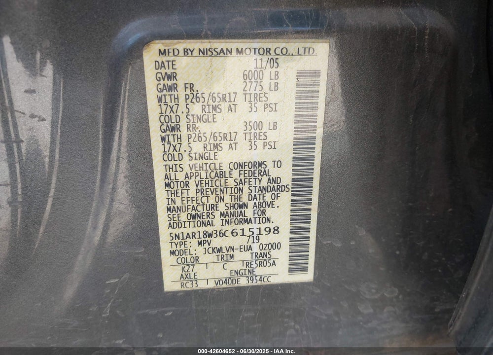 2006 NISSAN PATHFINDER LE VIN: 5N1AR18W36C615198