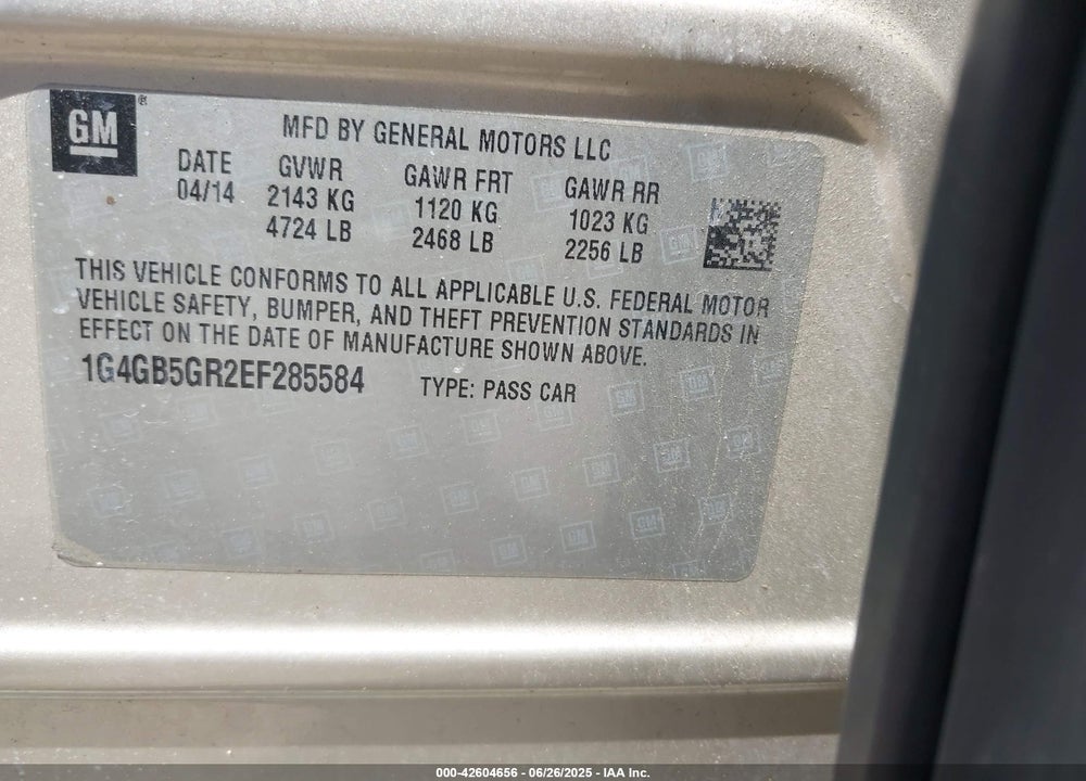 2014 BUICK LACROSSE VIN: 1G4GB5GR2EF285584