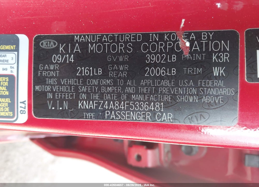 2015 KIA FORTE EX VIN: KNAFZ4A84F5336481