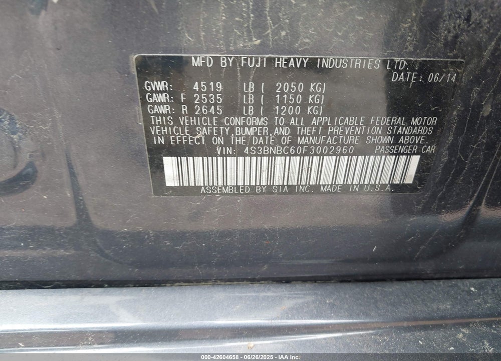 2015 SUBARU LEGACY 2.5I PREMIUM VIN: 4S3BNBC60F3002960