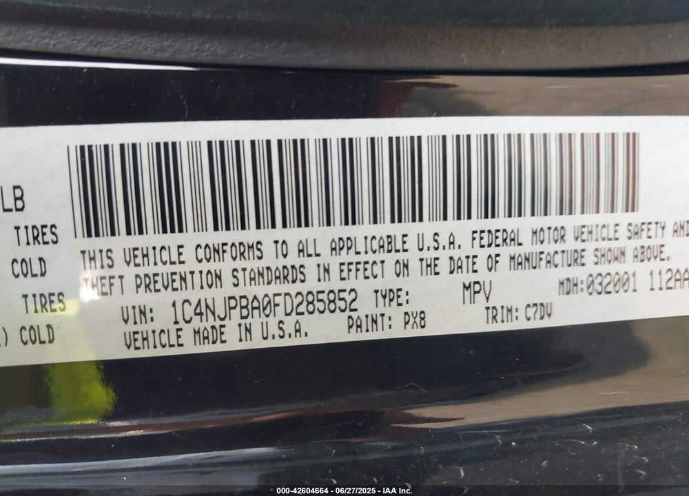 2015 JEEP PATRIOT VIN: 1C4NJPBA0FD285852