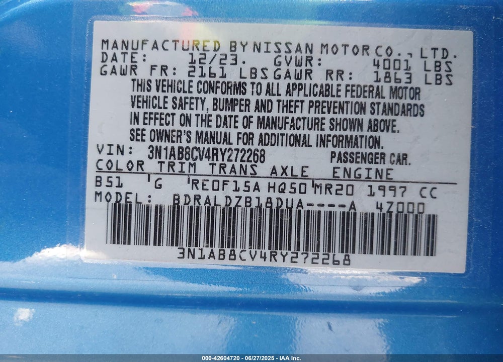 2024 NISSAN SENTRA VIN: 3N1AB8CV4RY272268