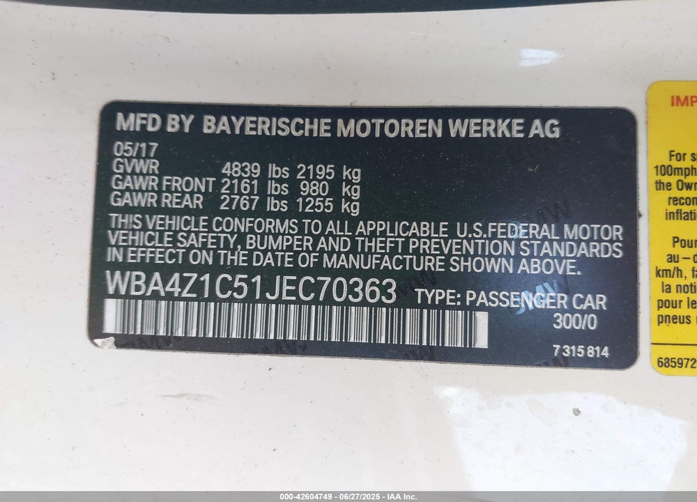 2018 BMW 4 SERIES VIN: WBA4Z1C51JEC70363