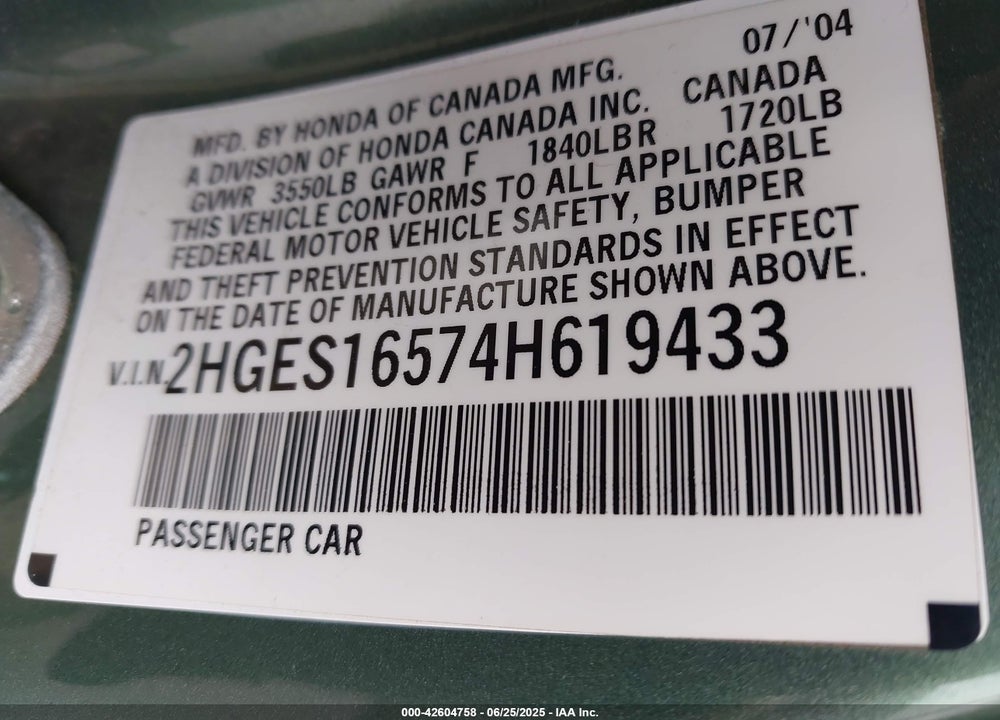 2004 HONDA CIVIC LX VIN: 2HGES16574H619433
