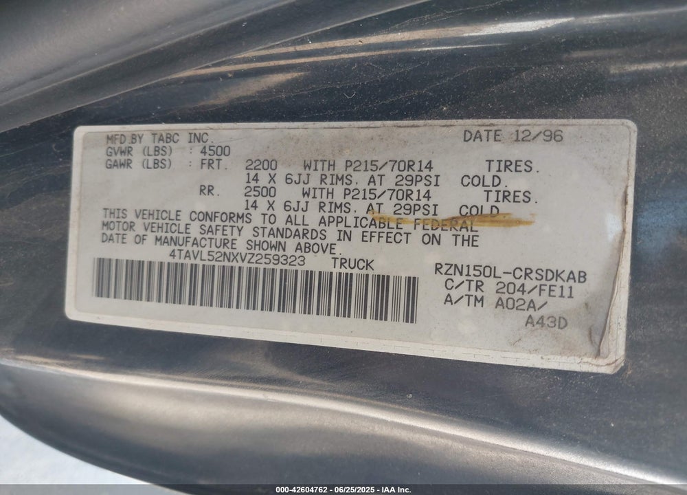 1997 TOYOTA TACOMA VIN: 4TAVL52NXVZ259323