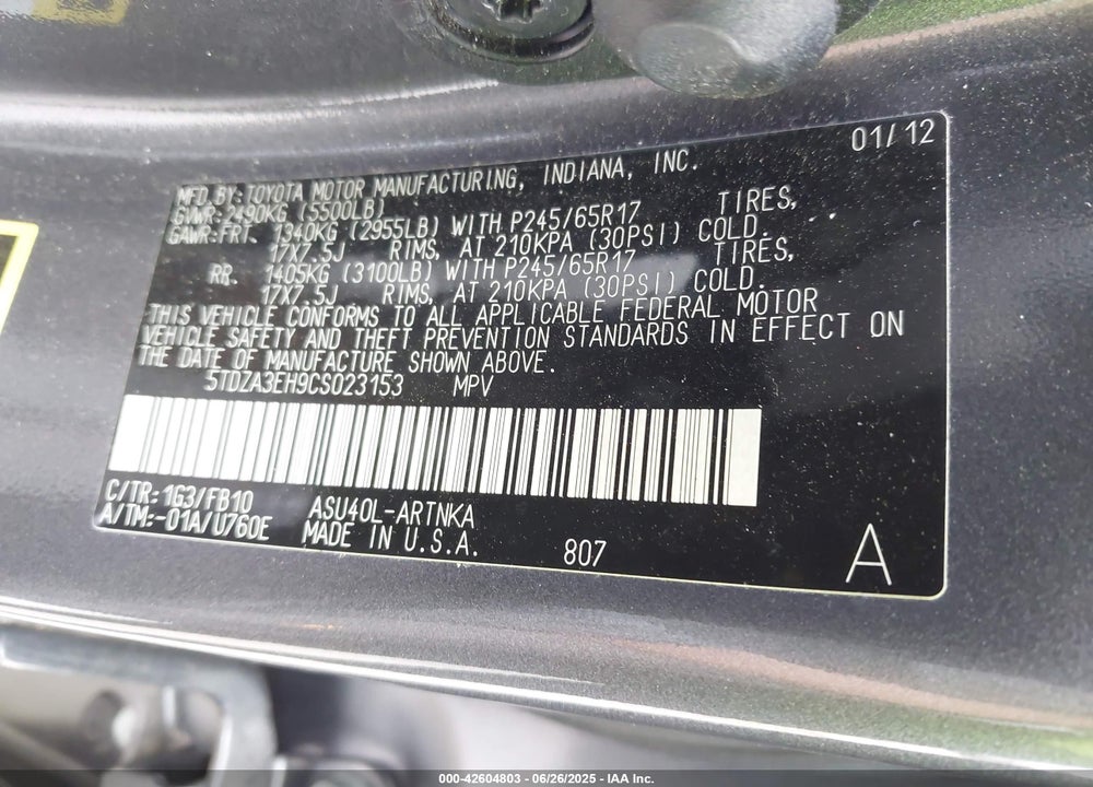 2012 TOYOTA HIGHLANDER VIN: 5TDZA3EH9CS023153