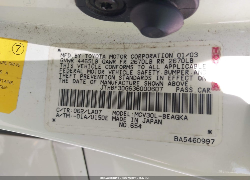 2003 LEXUS ES 300 VIN: JTHBF30G636000607