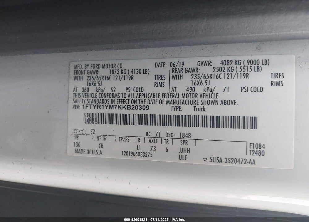 2019 FORD TRANSIT-250 VIN: 1FTYR1YM7KKB20309