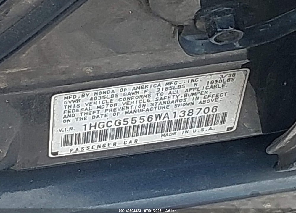 1998 HONDA ACCORD EX VIN: 1HGCG5556WA138706