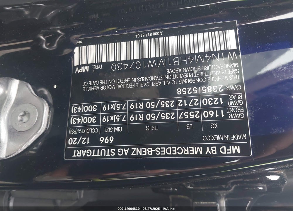 2021 MERCEDES-BENZ GLB-CLASS VIN: W1N4M4HB1MW107430