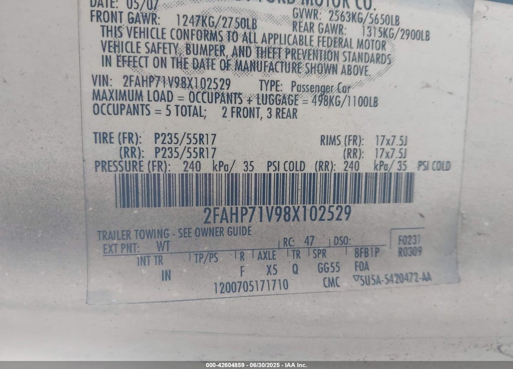2008 FORD CROWN VICTORIA VIN: 2FAHP71V98X102529