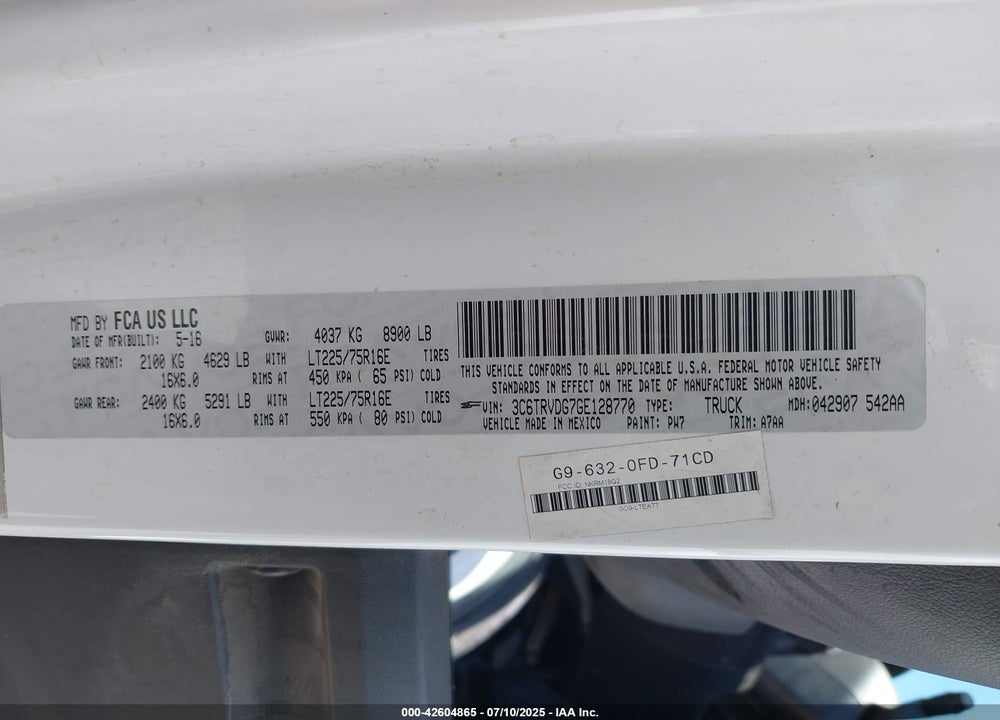 2016 RAM PROMASTER 2500 HIGH ROOF VIN: 3C6TRVDG7GE128770