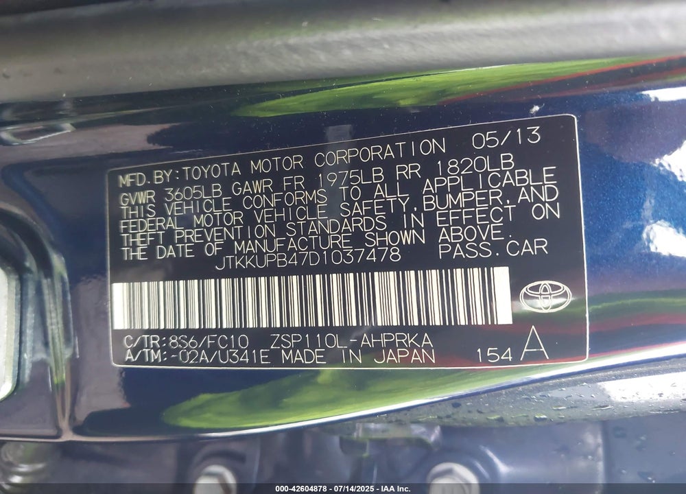 2013 SCION XD VIN: JTKKUPB47D1037478