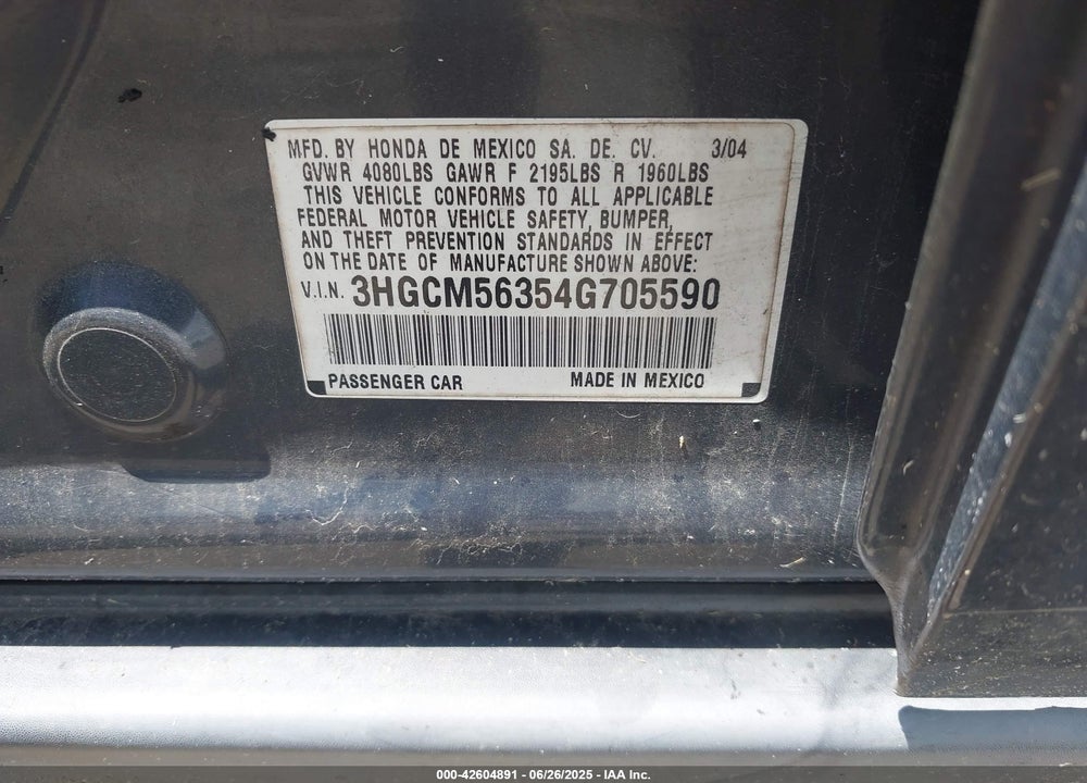 2004 HONDA ACCORD 2.4 LX VIN: 3HGCM56354G705590