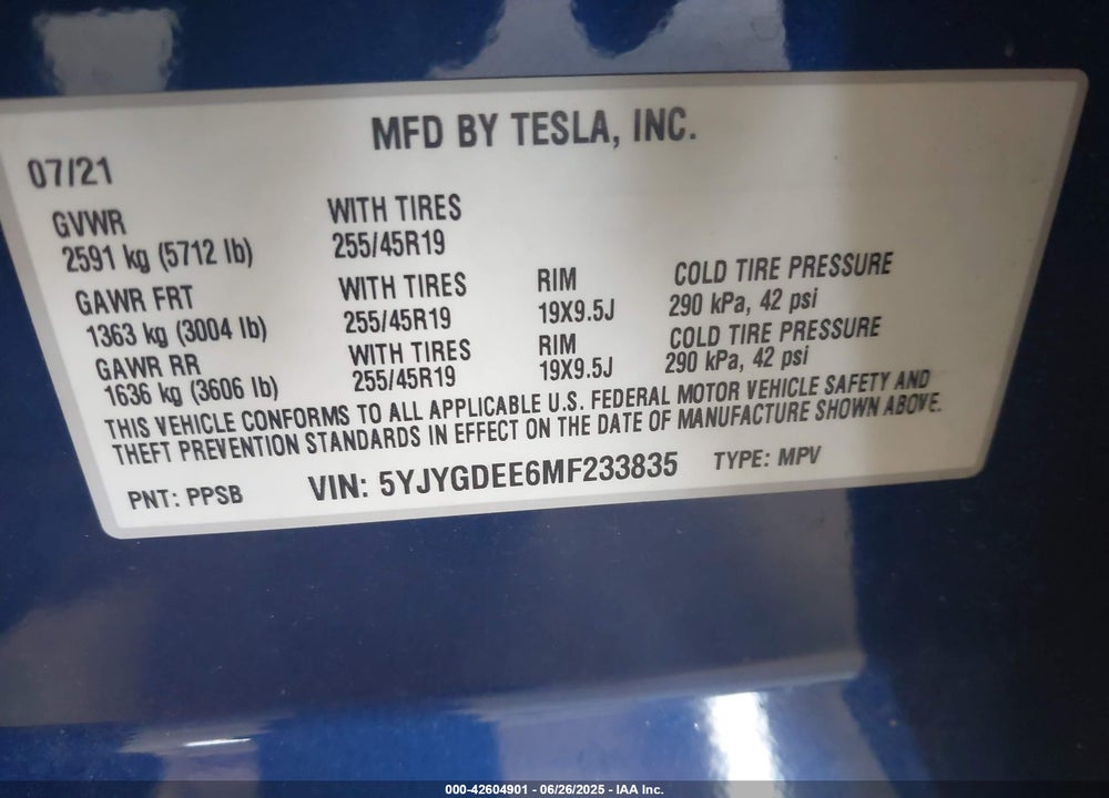 2021 TESLA MODEL Y LONG RANGE DUAL MOTOR ALL-WHEEL DRIVE VIN: 5YJYGDEE6MF233835