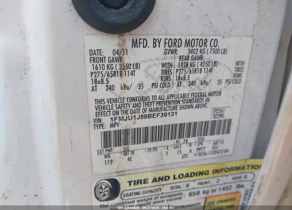 2011 FORD EXPEDITION VIN: 1FMJU1J59BEF39131